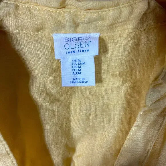 Sigrid Olsen Medium Button Up Shirt Yellow Linen Long Sleeve Roll Tab Boho - Picture 10 of 13